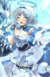 Rule 34 | 1girl, blush, breasts, cleavage, dress, hai 0013, halo, highres, holding, holding microphone, idol clothes, kamishiro rita, looking to the side, mechanical halo, medium breasts, microphone, open hand, prism project, silver hair, sketch, smile, solo, thighhighs, unfinished, virtual youtuber, white dress, white thighhighs, wrist cuffs
