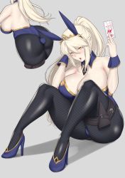 Rule 34 | 1girl, ahoge, anal, anal object insertion, anal tail, animal ears, artoria pendragon (all), artoria pendragon (fate), artoria pendragon (lancer alter) (fate), artoria pendragon (swimsuit ruler) (fate), artoria pendragon (swimsuit ruler) (fate) (cosplay), ass, aster crowley, back, bare shoulders, black pantyhose, blonde hair, blush, braid, breasts, butt plug, cleavage, collarbone, cosplay, detached collar, fake animal ears, fake tail, fate/grand order, fate (series), fishnet pantyhose, fishnets, french braid, grey background, hair between eyes, high heels, highres, holster, knees up, large breasts, leotard, long hair, looking at viewer, multiple views, necktie, object insertion, pantyhose, playboy bunny, ponytail, rabbit ears, sex toy, sidelocks, simple background, sitting, tail, thigh strap, tiara, wrist cuffs