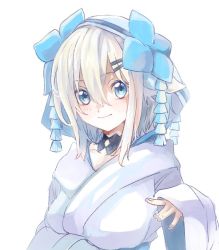 Rule 34 | 1girl, ars almal, bad id, bad twitter id, blue eyes, blush, commentary request, hair between eyes, hair ornament, hairclip, hood, hood up, japanese clothes, keiasik, kimono, long sleeves, looking at viewer, nijisanji, short hair, simple background, sketch, sleeves past wrists, smile, solo, upper body, virtual youtuber, white background, white hair, white kimono