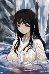 Rule 34 | 1girl, black hair, breasts, brown eyes, japanese clothes, large breasts, long hair, michael f91, miko, nipples, original, see-through, solo, water, wet, wet clothes