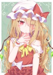 Rule 34 | 1girl, adapted costume, aged up, alternate hair length, alternate hairstyle, blonde hair, bow, brooch, closed mouth, collarbone, collared dress, crystal, dot nose, dress, eyes visible through hair, flandre scarlet, flat chest, frilled dress, frilled shirt collar, frills, gem, green background, hair over one eye, hand up, hat, hat bow, highres, jewelry, layered dress, light blush, liuliu, long hair, messy hair, mob cap, neck ribbon, one side up, red bow, red dress, red gemstone, red nails, ribbon, simple background, single off shoulder, standing, touhou, two-tone background, upper body, very long hair, waist bow, white background, white bow, white hat, wings, wrist cuffs, yellow ribbon