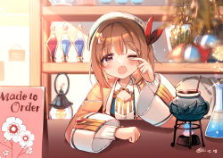 Rule 34 | 1girl, beret, blue fire, blurry, blurry background, blush, breasts, brown eyes, brown hair, brown jacket, cleavage, commentary request, copyright request, depth of field, english text, erlenmeyer flask, fire, flask, hat, highres, indoors, jacket, kirero, lantern, looking at viewer, one eye closed, open clothes, open jacket, potion, rubbing eyes, small breasts, solo, tears, twitter username, upper body, waking up, white hat, yawning