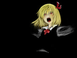 Rule 34 | 1girl, black background, blonde hair, bow, cervus, dark, embodiment of scarlet devil, fang, female focus, hair bow, hair ribbon, open mouth, outstretched arms, red eyes, ribbon, rumia, solo, spread arms, standing, touhou