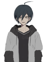 Rule 34 | 1boy, :d, ahoge, alternate costume, black hair, black shirt, brown eyes, collarbone, commentary request, danganronpa (series), danganronpa v3: killing harmony, hair between eyes, hood, hood down, hooded jacket, iumi urura, jacket, long sleeves, looking at viewer, male focus, open clothes, open jacket, open mouth, saihara shuichi, shirt, simple background, smile, solo, upper body, white background
