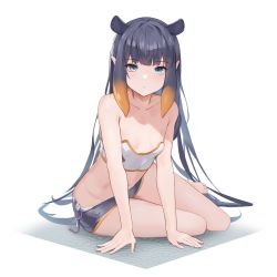 Rule 34 | 1girl, arm support, bad id, bad pixiv id, bare arms, bare legs, bare shoulders, barefoot, black hair, blue eyes, blush, breasts, dolphenry, dolphin shorts, gold trim, highres, hololive, hololive english, leaning forward, long hair, looking at viewer, multicolored hair, navel, ninomae ina&#039;nis, parted lips, pointy ears, short shorts, shorts, sitting, small breasts, solo, stomach, strapless, tentacle hair, tube top, virtual youtuber, white hair