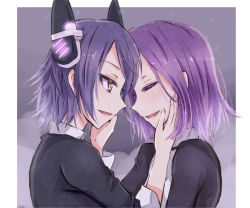 Rule 34 | 10s, 2girls, eyepatch, closed eyes, hands on another&#039;s face, headgear, kantai collection, kay (utd), multiple girls, open mouth, personification, purple hair, school uniform, short hair, tatsuta (kancolle), tenryuu (kancolle), yellow eyes