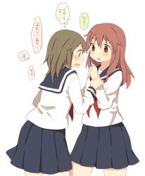 Rule 34 | 2girls, black skirt, blush, brown hair, confession, cowboy shot, hachiko (hati12), holding another&#039;s wrist, long hair, long sleeves, looking at another, multiple girls, neckerchief, open mouth, original, pleated skirt, red neckerchief, school uniform, serafuku, short hair, simple background, skirt, speech bubble, thought bubble, translated, white background, yuri