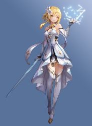 Rule 34 | 1girl, bare shoulders, blonde hair, blue background, bracer, breasts, cleavage, flower, full body, genshin impact, hair flower, hair ornament, highres, holding, holding sword, holding weapon, lumine (genshin impact), lunacle, magic, short hair with long locks, sidelocks, small breasts, solo, standing, sword, thighhighs, weapon, white thighhighs, yellow eyes