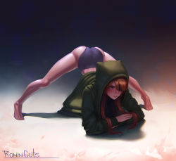 Rule 34 | 1girl, artist name, artist request, ass, ass focus, barefoot, blue eyes, breasts, brown hair, english text, evangelion: 3.0+1.0 thrice upon a time, eyepatch, flexible, green jacket, hair ornament, highres, interface headset, jack-o&#039; challenge, jacket, legs up, long hair, looking back, looking to the side, meme, neon genesis evangelion, panties, rebuild of evangelion, shiny clothes, shiny skin, short hair, simple background, souryuu asuka langley, spread legs, stretching, sweat, toes, tsundere, two side up, underwear, wide spread legs