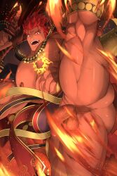 Rule 34 | 1boy, abs, anus, ass, bara, bellsaltr, biceps, cape, chest tattoo, clenched hand, fangs, fighting stance, flaccid, high kick, highres, horns, ifrit (housamo), kicking, large pectorals, loincloth, looking at viewer, male focus, manly, mature male, muscular, muscular male, nipples, no male underwear, open mouth, pectorals, penis, red eyes, red hair, short hair, solo, spiked hair, tattoo, teeth, testicles, thick eyebrows, thick thighs, thighs, tokyo houkago summoners, veins, yaoi