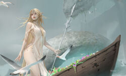 Rule 34 | 1girl, absurdres, animal, bird, blonde hair, boat, circlet, dress, elf, flower, giant snake, highres, holding, holding staff, long hair, looking afar, mage staff, original, oversized animal, parted lips, pointy ears, seagull, staff, very long hair, watercraft, weber, white dress