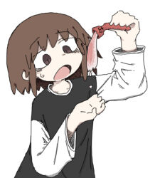 Rule 34 | 1girl, arm up, bags under eyes, black shirt, brown eyes, brown hair, crab leg, dripping, food, hand up, holding, holding food, imminent bite, long sleeves, open mouth, original, shirt, simple background, slit pupils, solo, sweatdrop, torosakana, upper body, white background, white sleeves