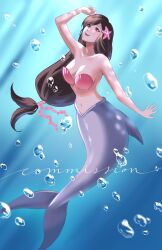 Rule 34 | 1girl, air bubble, alternate costume, bare arms, breasts, brown hair, bubble, cleavage, collarbone, commission, final fantasy, final fantasy vii, final fantasy vii remake, fins, fish tail, full body, hair ribbon, highres, kivavis, large breasts, long hair, looking up, low-tied long hair, mermaid, monster girl, navel, open mouth, pink ribbon, red eyes, ribbon, shading eyes, shark tail, shell, shell bikini, sideboob, smile, solo, starfish hair ornament, swept bangs, tail, tifa lockhart, underwater