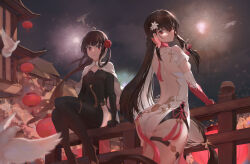 Rule 34 | 2girls, ass, bird, black hair, black thighhighs, breasts, china dress, chinese clothes, dress, hair ornament, hand in own hair, highres, looking at viewer, looking back, medium breasts, multiple girls, ponytail, pulao (punishing: gray raven), punishing: gray raven, qu (punishing: gray raven), railing, rl (ruoli), sitting, small breasts, thighhighs, thighs