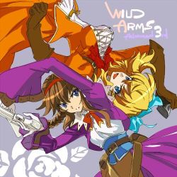 Rule 34 | 2girls, belt, blonde hair, blue eyes, braid, brown hair, coat, copyright name, dress, gloves, gun, hairband, hanakuso, long hair, looking at viewer, lowres, maya schrodinger, multiple girls, open mouth, red hairband, simple background, smile, virginia maxwell, weapon, wild arms, wild arms 3