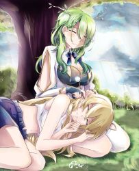 Rule 34 | 2girls, blonde hair, breasts, ceres fauna, closed eyes, comfy, ear cleaning, enoxarte, fingerless gloves, forest, gloves, green hair, highres, hololive, hololive english, long hair, lying on lap, mimikaki, multiple girls, nature, original, smile, virtual youtuber
