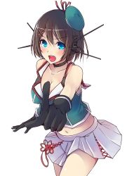Rule 34 | 10s, 1girl, bare shoulders, black gloves, blue eyes, blush, breasts, brown hair, cleavage, collarbone, cowboy shot, gloves, hair ornament, hairclip, hat, headgear, highres, index finger raised, kantai collection, korezyanai, large breasts, looking at viewer, maya (kancolle), maya kai ni (kancolle), midriff, miniskirt, navel, open mouth, pleated skirt, short hair, simple background, skirt, solo, white background