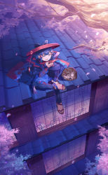 Rule 34 | 1girl, :d, bad id, bad pixiv id, blue shorts, bottle, branch, cape, cat, cherry blossoms, closed eyes, cup, foot dangle, from above, hat, highres, kohari (shichigatsu), on roof, open mouth, original, purple hair, rice hat, rooftop, sakazuki, sandals, shichigatsu, shorts, sitting, smile, solo, tree