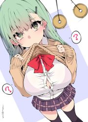 Rule 34 | 1girl, ?, @ @, black thighhighs, blazer, bow, bowtie, bra visible through clothes, breasts, button gap, clothes lift, coin, commentary request, green eyes, green hair, hair ornament, hairclip, highres, holed coin, hypnosis, jacket, jewelry, kantai collection, large breasts, long hair, mind control, pendant, pleated skirt, red bow, red bowtie, sakakiba misogi, school uniform, skirt, sleeves past wrists, speech bubble, spoken question mark, suzuya (kancolle), sweater, sweater lift, thighhighs