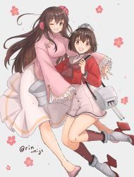 Rule 34 | 2girls, axis powers hetalia, blush, breasts, brown hair, chinese clothes, commentary request, crossover, dress, flower, frilled skirt, frills, hair flower, hair ornament, headgear, highres, kantai collection, kneehighs, long hair, long sleeves, looking at viewer, medium breasts, multiple girls, one eye closed, open mouth, pink flower, pink footwear, red legwear, rigging, rin (rin niji), rudder footwear, sailor collar, sailor dress, short hair, skirt, socks, taiwan (hetalia), tan yang (kancolle), twitter username, yukikaze (kancolle)
