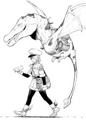 Rule 34 | 1girl, ankle boots, bag, bandana, boots, closed mouth, coat, commentary, dinosaur, english commentary, gloves, greyscale, hair over one eye, hat, highres, holding, holding letter, leggings, letter, looking at viewer, mailman, medium hair, monochrome, one eye covered, original, pterosaur, saddle, short sleeves, shoulder bag, simple background, smile, white background, y naf