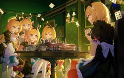 Rule 34 | 5girls, :d, :o, @ @, absurdres, apron, black ribbon, blonde hair, blue dress, blue eyes, board game, card, chair, chess, chess piece, chessboard, closed eyes, club (shape), collared dress, commentary request, cup, diamond (shape), dress, frilled apron, frilled dress, frills, hair ribbon, heart, highres, indoors, long hair, multiple girls, on chair, open mouth, original, outstretched arm, pantyhose, playing card, pointing, ribbon, sitting, smile, spade (shape), standing, steam, table, teacup, very long hair, wang man, white apron, white pantyhose
