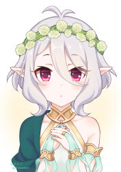Rule 34 | 1girl, :o, antenna hair, bad id, bad pixiv id, bare shoulders, blush, bridal gauntlets, collarbone, dated, detached sleeves, dress, flower, flower wreath, fuusha, green sleeves, hair between eyes, hands up, head wreath, kokkoro (princess connect!), long sleeves, own hands together, parted lips, pointy ears, princess connect!, puffy long sleeves, puffy sleeves, red eyes, see-through, see-through sleeves, silver hair, sleeveless, sleeveless dress, solo, twitter username, white dress, white flower