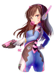Rule 34 | 1girl, acronym, armor, ass, bodysuit, boots, bracer, breasts, brown eyes, brown hair, blowing bubbles, character name, charm (object), chewing gum, cowboy shot, cropped legs, d.va (overwatch), ehart, facepaint, facial mark, finger on trigger, from behind, gloves, gun, hand up, handgun, headphones, highres, holding, holding gun, holding weapon, legs apart, long hair, long sleeves, looking back, matching hair/eyes, overwatch, overwatch 1, pauldrons, pilot suit, ribbed bodysuit, shoulder armor, shoulder pads, simple background, skin tight, small breasts, solo, standing, thigh boots, thigh strap, thighhighs, turtleneck, twisted torso, weapon, whisker markings, white background, white footwear, white gloves
