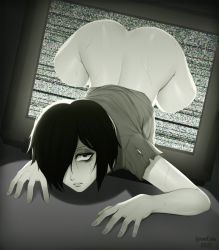 Rule 34 | 1boy, ass, black hair, bottomless, commentary, english commentary, genderswap, genderswap (ftm), gomicake, hair over one eye, highres, looking at viewer, male focus, shirt, short sleeves, solo, the ring, top-down bottom-up, trap, yamamura sadako