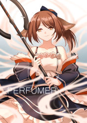 Rule 34 | 1girl, animal ears, arknights, bare shoulders, black bow, blue jacket, blue skirt, bow, brown eyes, brown hair, camisole, character name, collarbone, cowboy shot, fox ears, fur-trimmed jacket, fur trim, gogatsu fukuin, hair bow, highres, holding, holding staff, jacket, long hair, long sleeves, looking at viewer, off shoulder, open clothes, open jacket, originium arts (arknights), perfumer (arknights), petticoat, ponytail, skirt, smile, solo, spaghetti strap, staff