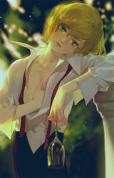 Rule 34 | 1boy, androgynous, black pants, blonde hair, blurry, closed mouth, collarbone, collared shirt, cowboy shot, cup, depth of field, drinking glass, emg (christain), gilbert cocteau, green eyes, hair between eyes, hand on own chest, hand under clothes, head tilt, holding, kaze to ki no uta, leaning to the side, lips, long sleeves, looking at viewer, male focus, pants, pillar, red lips, red ribbon, ribbon, shade, shirt, solo, untied, upside-down, white shirt, wine glass