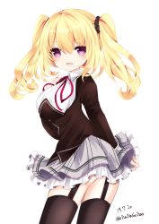 Rule 34 | 1girl, :d, bad id, bad pixiv id, black jacket, black scrunchie, black thighhighs, blazer, blonde hair, blush, breasts, collared shirt, dated, frilled skirt, frills, garter straps, grey skirt, hair between eyes, hair ornament, hair scrunchie, jacket, large breasts, long hair, looking at viewer, looking to the side, nanase nao, neck ribbon, nora to oujo to noraneko heart, open mouth, patricia of end, purple eyes, red ribbon, ribbon, school uniform, scrunchie, shirt, simple background, skirt, smile, solo, thighhighs, twintails, twitter username, white background, white shirt