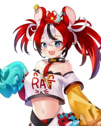 Rule 34 | 1girl, :d, animal, animal ears, animal on head, bad id, bad pixiv id, bare shoulders, belt, blue eyes, blunt bangs, breasts, cleavage, collar, collarbone, commentary request, detached sleeves, fang, hakos baelz, highres, hololive, hololive english, key, long hair, long sleeves, looking at viewer, midriff, miyako draw, mouse (animal), mouse ears, multicolored hair, navel, on head, open mouth, red hair, short sleeves, sidelocks, simple background, sleeves past wrists, smile, solo, streaked hair, stuffed animal, stuffed mouse, stuffed toy, twintails, virtual youtuber, wide sleeves