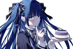 Rule 34 | 1girl, :t, black bow, black ribbon, blue eyes, blue hair, blunt bangs, blush, bow, cake, ear piercing, eating, food, fork, gothic lolita, hair bow, holding, holding fork, holding plate, kazunehaka, lolita fashion, long hair, long sleeves, looking at viewer, neck garter, neck ribbon, original, piercing, plate, ribbon, simple background, solo, twintails, upper body, very long hair, white background