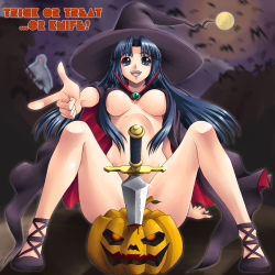 Rule 34 | 00s, 1girl, arm support, asakura ryouko, bat (animal), blood, blue eyes, blue hair, breasts, cape, censored, convenient censoring, dagger, english text, finger gun, halloween, hat, highres, jack-o&#039;-lantern, knife, large breasts, leaf, matching hair/eyes, moon, naked cape, night, nude, open mouth, pumpkin, solo, suzumiya haruhi no yuuutsu, trick or treat, weapon, witch, witch hat, yaso shigeru