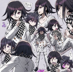 Rule 34 | 1boy, aoki (fumomo), blood, buttons, checkered clothes, checkered scarf, closed mouth, crying, danganronpa (series), danganronpa v3: killing harmony, closed eyes, long sleeves, male focus, matching hair/eyes, open mouth, oma kokichi, pants, purple eyes, purple hair, scarf, short hair, smile, smirk, solo, standing