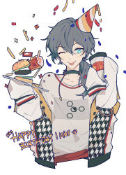 Rule 34 | 1other, alensxx, belt collar, birthday, blush stickers, burger, casual, closed mouth, collar, collarbone, commentary, commentary typo, confetti, cropped torso, dated, english text, ensemble stars!, fast food, food, french fries, green eyes, grey hair, hair between eyes, happy birthday, highres, looking at viewer, one eye closed, shiina niki, simple background, solo, tongue, upper body, white background