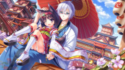 Rule 34 | 1boy, 1girl, ;d, animal ears, architecture, blue eyes, bridge, brown eyes, brown hair, building, detached sleeves, dog ears, east asian architecture, flower, glasses, hairband, holding hands, hand on another&#039;s head, hetero, highres, japanese clothes, lantern, oil-paper umbrella, one eye closed, open mouth, original, outdoors, panties, pantyshot, sandals, silver hair, sitting, sitting on lap, sitting on person, smile, tail, tonchan, umbrella, underwear