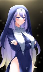Rule 34 | absurdres, bare hips, blue dress, breasts, crossed arms, dress, firen inferno, highres, hololive, hololive indonesia, large breasts, long hair, looking at viewer, moona hoshinova, nun, purple eyes, purple hair, standing, virtual youtuber, yellow eyes