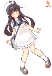 Rule 34 | 1girl, ahoge, artist logo, bag, black hair, blue sailor collar, brown eyes, commentary request, cosplay, dated, dress, hat, hiburi (kancolle), hiburi (kancolle) (cosplay), highres, kanon (kurogane knights), kantai collection, long hair, looking at viewer, mikazuki (kancolle), panties, sailor collar, sailor dress, sailor hat, see-through, shoes, short sleeves, simple background, socks, solo, underwear, uwabaki, white background, white dress, white hat, white panties, white socks