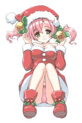 Rule 34 | 1girl, amano yuu, bare shoulders, bell, breasts, christmas, cleavage, dragon knight, green eyes, hat, heart, heart-shaped pupils, large breasts, panties, pantyshot, pink hair, santa costume, santa hat, simple background, sitting, sketch, smile, solo, striped clothes, striped panties, symbol-shaped pupils, twintails, underwear, white background