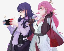 2girls alternate_costume animal_ears breasts contemporary earrings fox_ears genshin_impact glasses gloves handheld_game_console headphones highres holding holding_handheld_game_console hood hoodie inkrred jacket jewelry long_hair long_sleeves mole mole_under_eye multiple_girls nintendo_switch official_alternate_costume pink_hair purple_eyes purple_hair purple_hoodie raiden_shogun raiden_shogun_(2nd_anniversary) simple_background white_background white_jacket yae_miko yae_miko_(2nd_anniversary) yuri