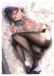 Rule 34 | 1girl, absurdres, ass, black hair, black pantyhose, blue eyes, blush, breasts, closed mouth, collared shirt, dsmile, feet, fine fabric emphasis, flower, hair between eyes, highres, long sleeves, looking at viewer, lying, medium breasts, on side, open clothes, open shirt, original, panties, panties under pantyhose, pantyhose, petals, shirt, sidelocks, solo, thighband pantyhose, underwear, white panties, white shirt