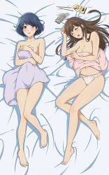Rule 34 | 2girls, alcohol, barefoot, blue hair, blush, breasts, brown hair, cleavage, completely nude, covering breasts, covering privates, dakimakura (medium), domestic na kanojo, drunk, feet, highres, large breasts, long hair, looking at viewer, medium breasts, medium hair, multiple girls, naked towel, no bra, no panties, nude, nude cover, off shoulder, official art, open mouth, panties, red eyes, sideboob, sleeping, tachibana hina, tachibana rui, topless, towel, underwear