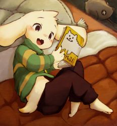 Rule 34 | 1boy, animal ears, annoying dog, asriel dreemurr, barefoot, book, fang, feet, full body, furry, furry male, highres, male focus, monster boy, open mouth, shirt, smile, solo, tail, totatetta, undertale