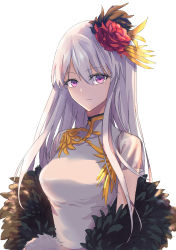Rule 34 | 1girl, absurdres, azur lane, china dress, chinese clothes, commentary, dress, english commentary, enterprise (azur lane), enterprise (blooming peony) (azur lane), eyes visible through hair, feather boa, flower, hair between eyes, hair flower, hair ornament, hair over one eye, highres, long hair, looking at viewer, purple eyes, sidelocks, simple background, smile, solo, suprii, white background, white dress, white hair