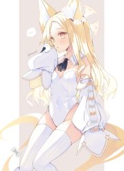 Rule 34 | 1girl, animal ear fluff, animal ears, arm up, bare shoulders, blonde hair, blue archive, breasts, covered navel, detached collar, detached sleeves, fox ears, fox girl, halo, hand to own mouth, highleg, highleg leotard, highres, leotard, long hair, purinpurin, seia (blue archive), sitting, sleeves past wrists, small breasts, solo, strapless, strapless leotard, thighhighs, thighs, white leotard, white sleeves, white thighhighs, yellow eyes