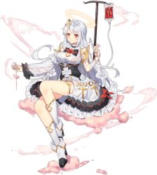 Rule 34 | 1girl, angel, ark order, artist request, bandaged arm, bandages, black bow, blood, blood bag, boots, bow, braid, breasts, cloud, cross, detached sleeves, dress, flower, frilled dress, frills, full body, hair flower, hair ornament, halo, intravenous drip, large breasts, long hair, official art, pincers (tool), raphael (ark order), red flower, red rose, rose, sidelocks, single sleeve, sitting, smoke, socks, solo, string, string of fate, surgical scissors, syringe, tachi-e, thighlet, transparent background, very long hair, white dress, white flower, white footwear, white hair, white rose, white socks
