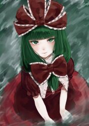 Rule 34 | 1girl, absurdres, blunt bangs, bow, dress, frilled bow, frilled ribbon, frills, from above, front ponytail, green eyes, green hair, hair bow, hair ribbon, highres, kagiyama hina, looking at viewer, nuigurumipenis, puffy short sleeves, puffy sleeves, red bow, red dress, red ribbon, ribbon, short sleeves, smile, solo, touhou