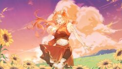 Rule 34 | 1girl, :d, arm tattoo, artist request, bracelet, breasts, closed eyes, cloud, flower, grass, horns, indie virtual youtuber, jewelry, long hair, midriff, nagami mugi, navel, official art, open mouth, orange hair, outdoors, red skirt, skirt, small breasts, smile, solo, standing, sunflower, tattoo